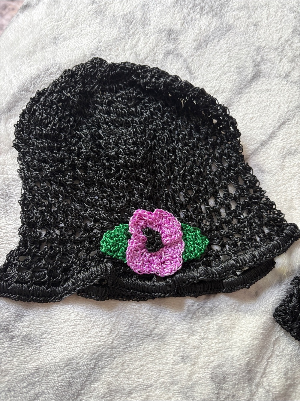 Black Crochet head wrap with Pink Flower Accent